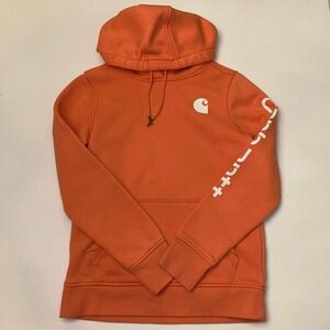 Carhartt Relaxed Fit Hoodie Womens XS 0-2 Orange Kangaroo Pocket Pullover Logo